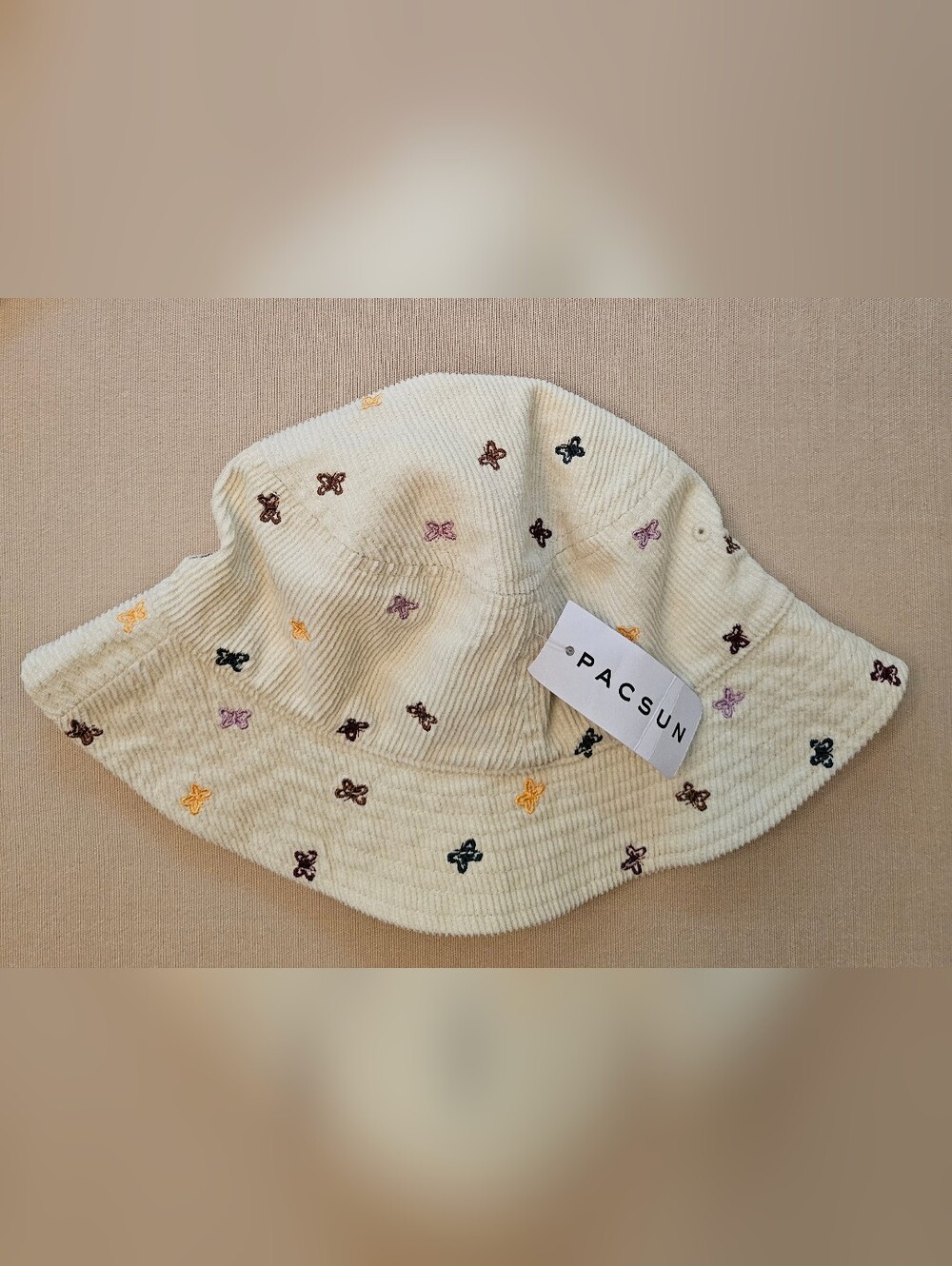NWT PacSun Cream Corduroy Bucket Hat with Multicolor Butterfly Embroidery